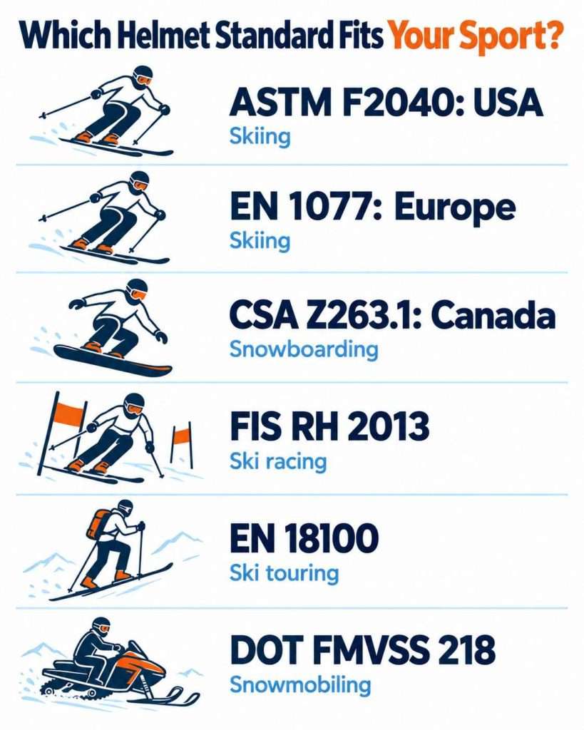 Ski helmet safety standards infographic comparing ASTM F2040, EN 1077, CSA Z263.1, FIS RH 2013, EN 18100, and DOT FMVSS 218 by sport.