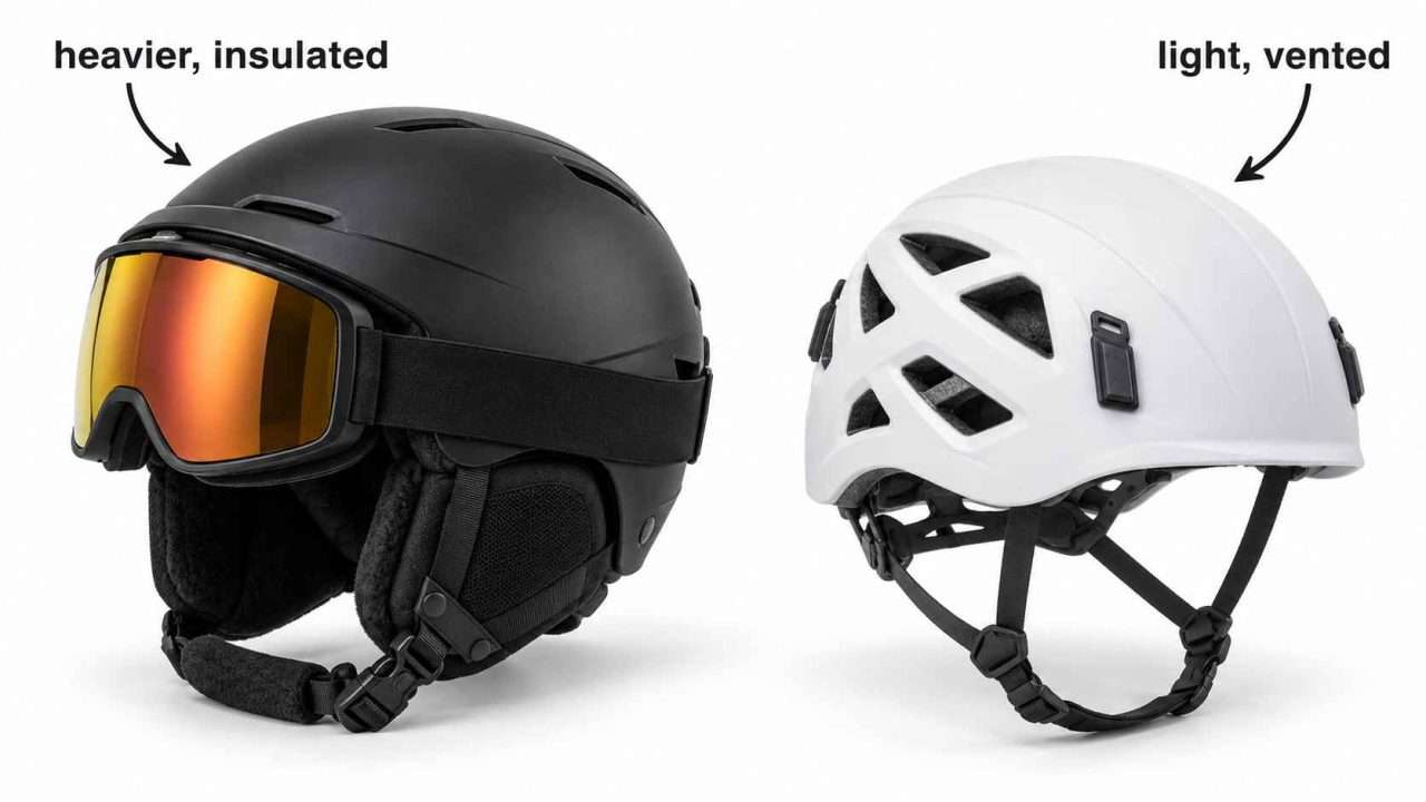 Black insulated ski helmet with goggles beside a white vented climbing helmet with headlamp clips on a white background.