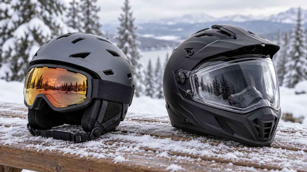 Vented ski helmet with goggles beside a full-face snowmobile helmet with a clear shield on a snowy wooden bench.
