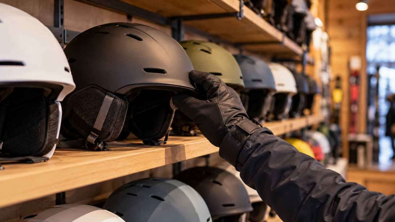 A skier’s gloved hand reaching for a matte ski helmet among rows of helmets on wooden ski shop shelves.