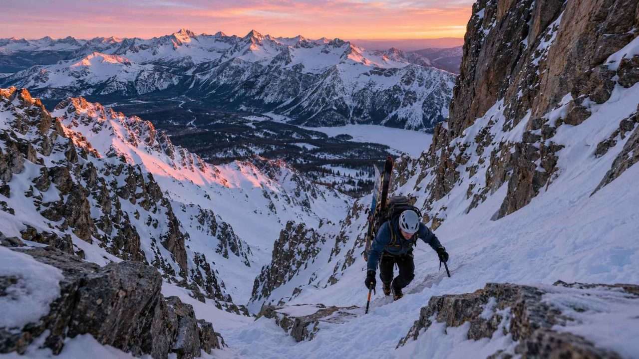 Ski mountaineer wearing a lightweight helmet climbs a snowy Rocky Mountain couloir at dawn with skis strapped to a backpack.