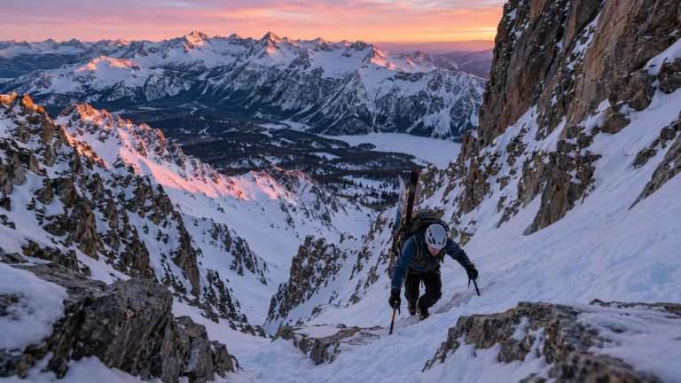 Ski mountaineer wearing a lightweight helmet climbs a snowy Rocky Mountain couloir at dawn with skis strapped to a backpack.