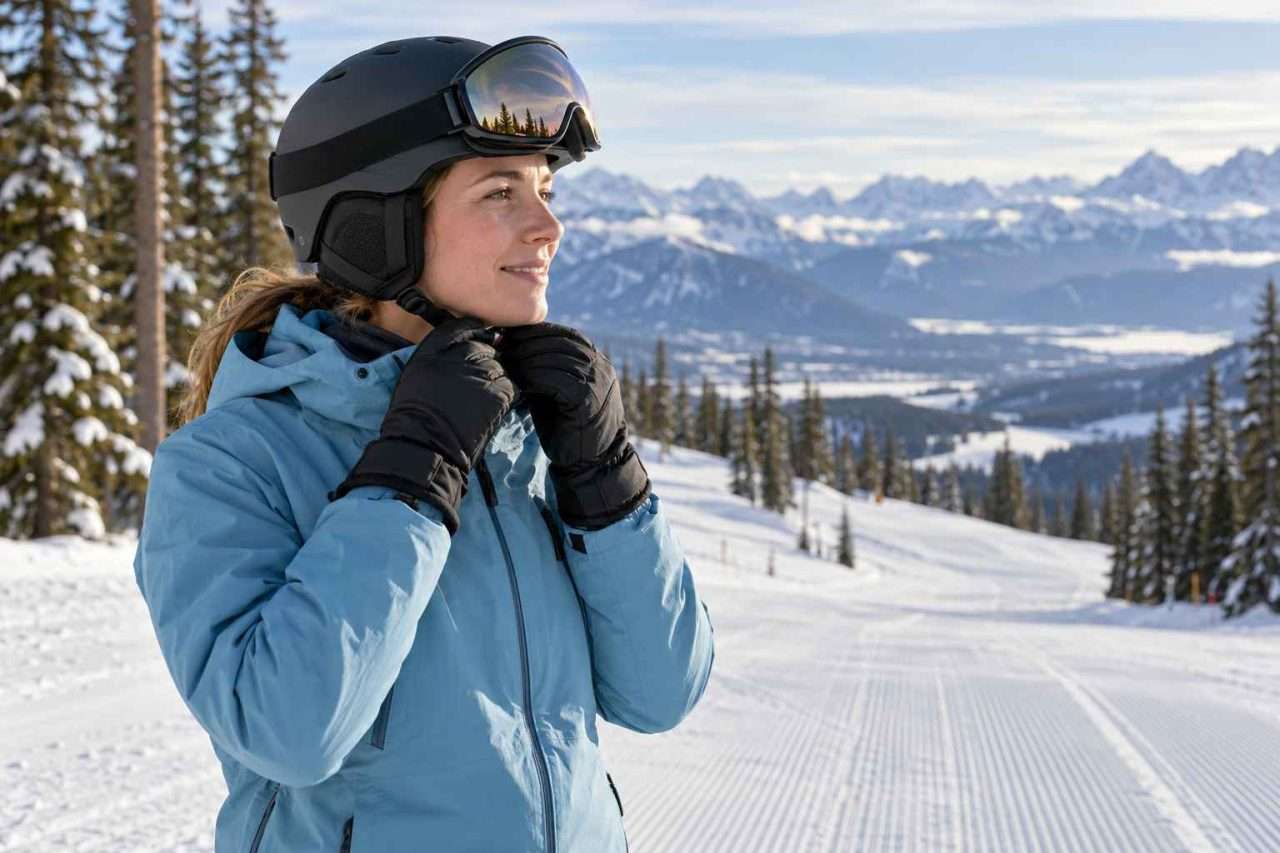 Female skier checking her ski helmet chin strap with gloved hands beside a groomed run, with goggles resting on the helmet.