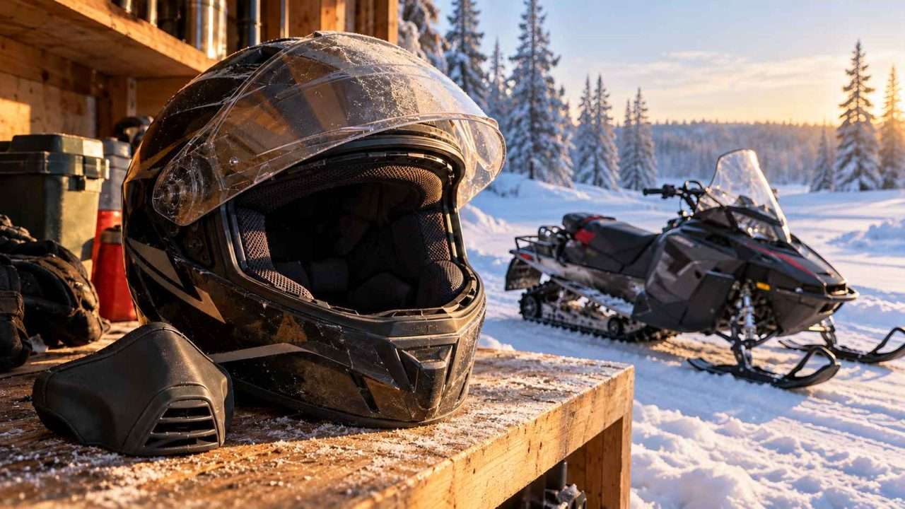 Full-face snowmobile helmet and detached breath box on a wooden garage shelf, with a snowmobile parked outside in the snow.