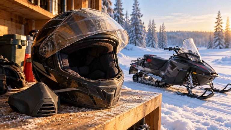 Full-face snowmobile helmet and detached breath box on a wooden garage shelf, with a snowmobile parked outside in the snow.