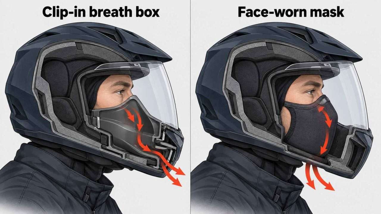 Snowmobile helmet cross-sections comparing a clip-in breath box and a face-worn mask, with arrows showing breath directed down and out.