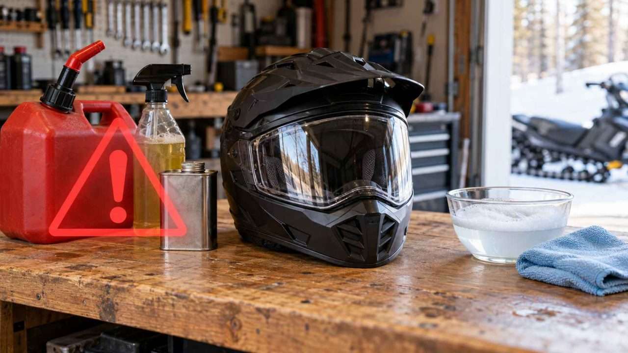 Snowmobile helmet on a workbench beside chemicals marked with a red warning symbol, with soapy water and a cloth on the opposite side.