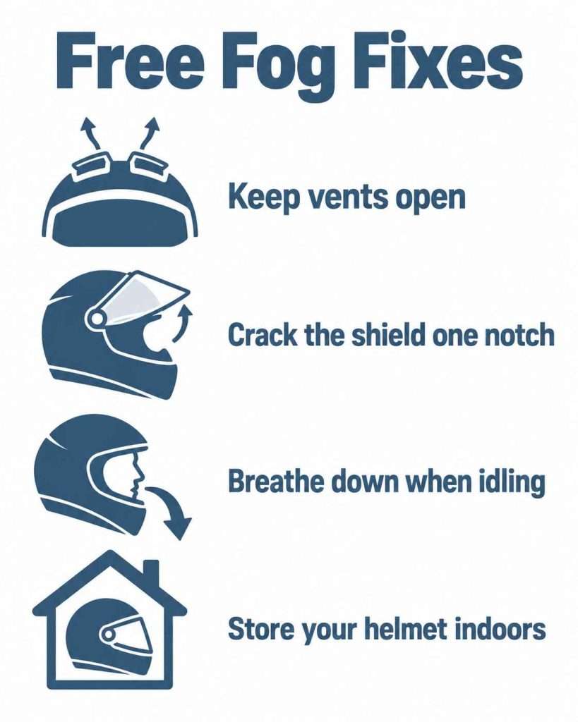 Free snowmobile helmet fog fixes: keep vents open, crack the shield one notch, breathe down when idling, and store your helmet indoors.