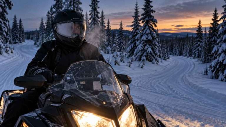 Snowmobile rider wearing a black full-face helmet with a half-fogged shield at a snowy forest trail intersection at dusk.