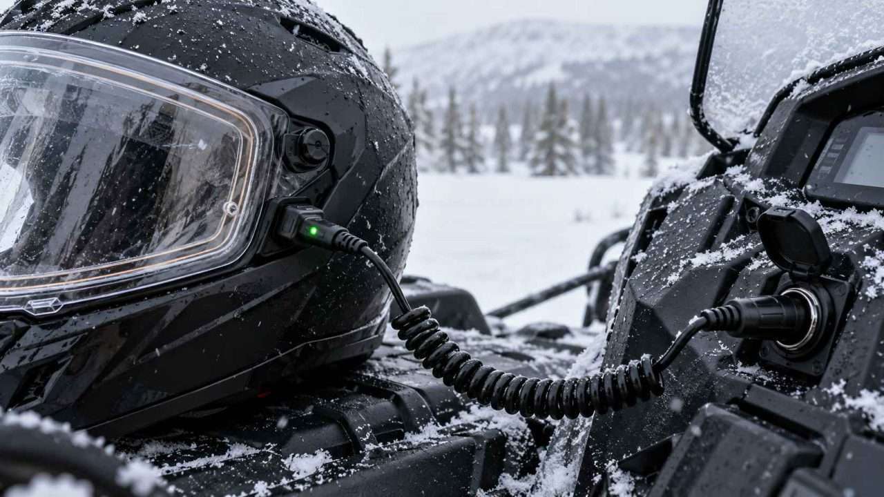 Coiled power cord connecting a snowmobile helmet’s heated shield to a dashboard accessory port, with a green LED glowing on the shield connector.