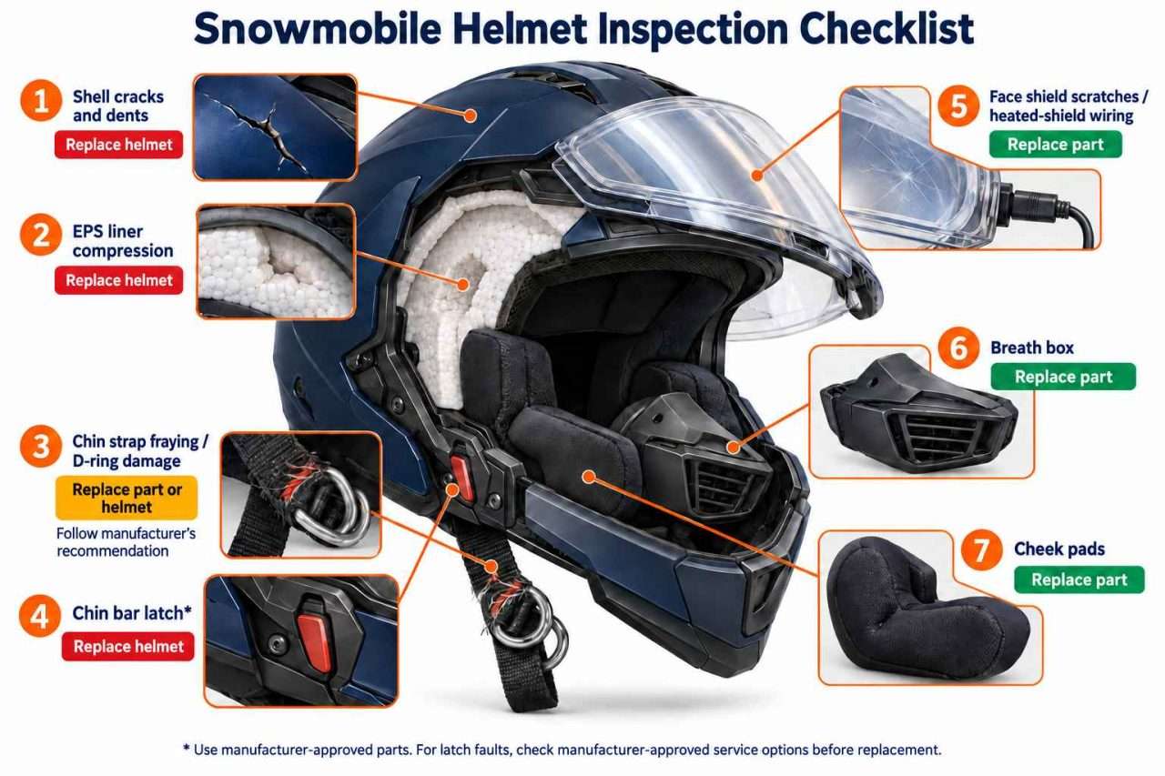 Modular snowmobile helmet inspection checklist with seven callouts identifying damage and guidance for replacing parts or the helmet.