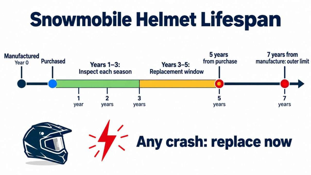 Snowmobile helmet lifespan timeline showing seasonal inspections, replacement milestones, and an immediate replacement reminder after a crash.