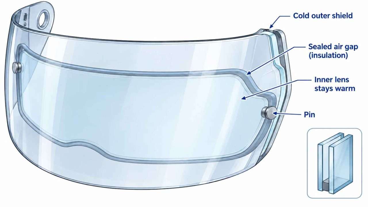 Snowmobile helmet shield diagram showing a Pinlock anti-fog insert, sealed air gap, silicone seal, and retaining pins.