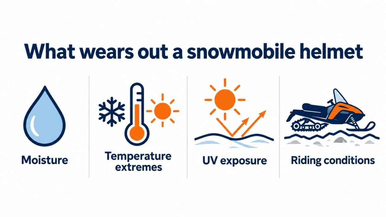 Snowmobile helmet wear infographic showing moisture, temperature extremes, UV exposure, and riding conditions.