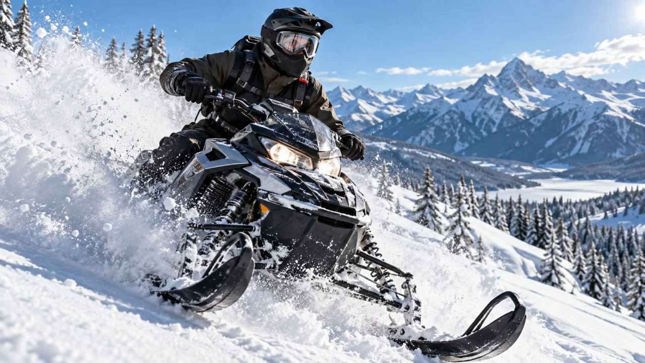 Snowmobile rider wearing a snocross helmet, clear goggles, and a breath deflector mask while riding through mountain powder.