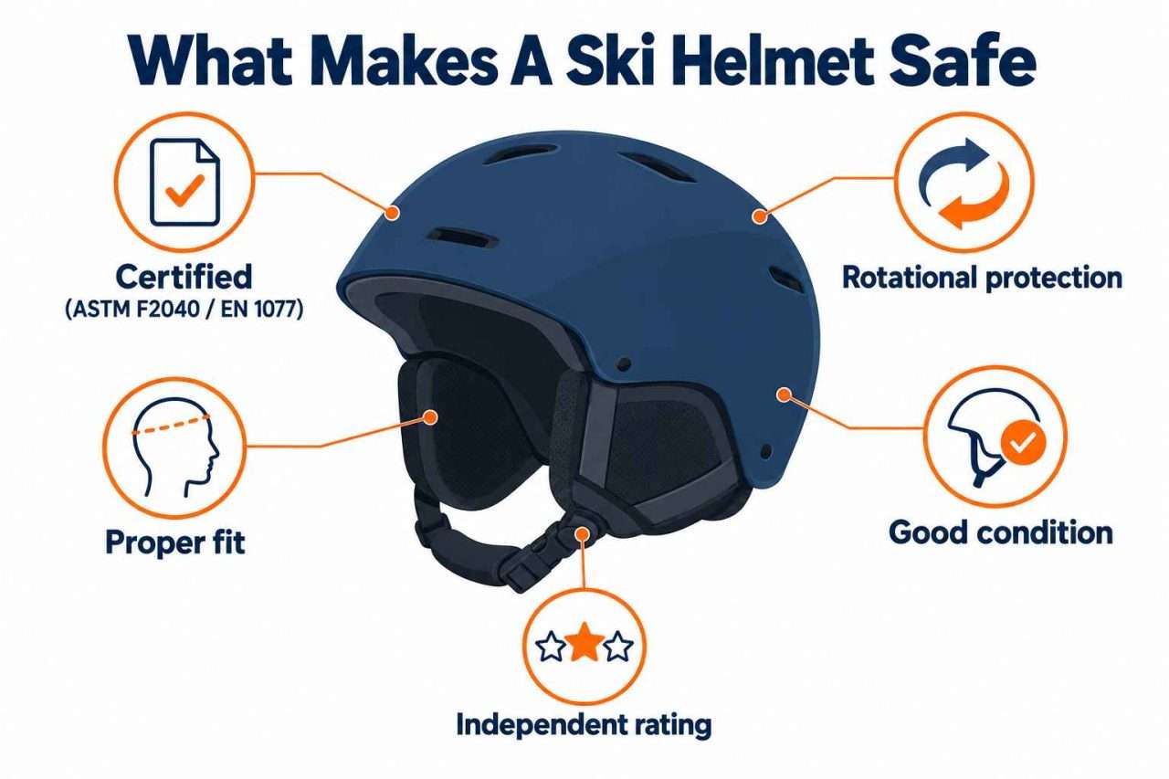 Ski helmet safety infographic highlighting ASTM F2040 or EN 1077 certification, rotational protection, proper fit, good condition, and an independent rating.