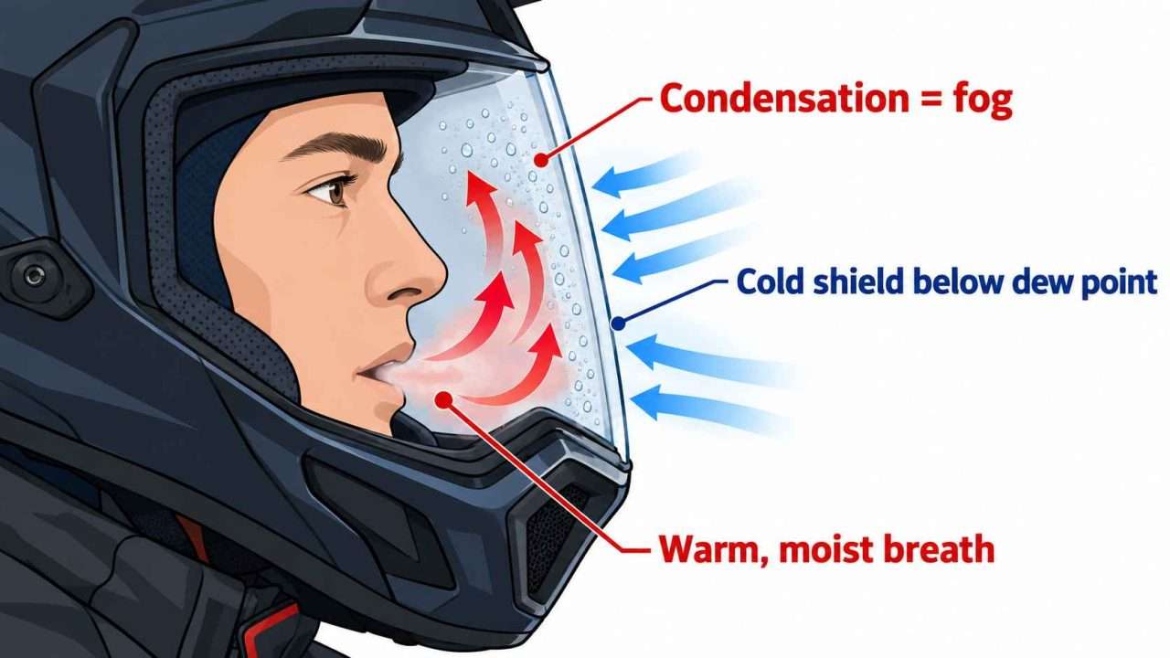 Snowmobile helmet cross-section showing warm, moist breath condensing on the cold inner shield, with red breath arrows and blue outside-air arrows.